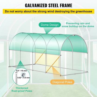 VEVOR Walk-in Tunnel Greenhouse, 14.8x6.6x6.6 ft Portable Plant Hot House w/ Galvanized Steel Hoops, 1 Top Beam, Diagonal Poles, Zippered Door & 8 Roll-up Windows, Green