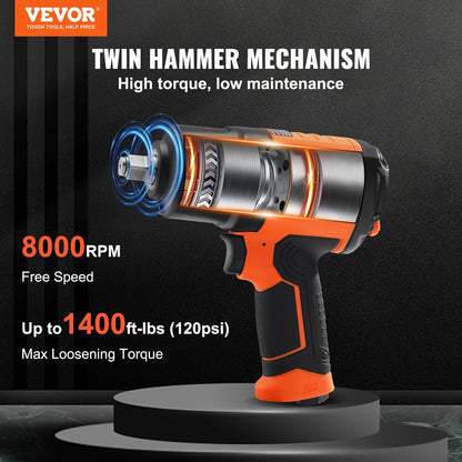 VEVOR Air Impact Wrench 1/2" Square Drive 1400ft-lb Nut-busting Torque 90-120PSI