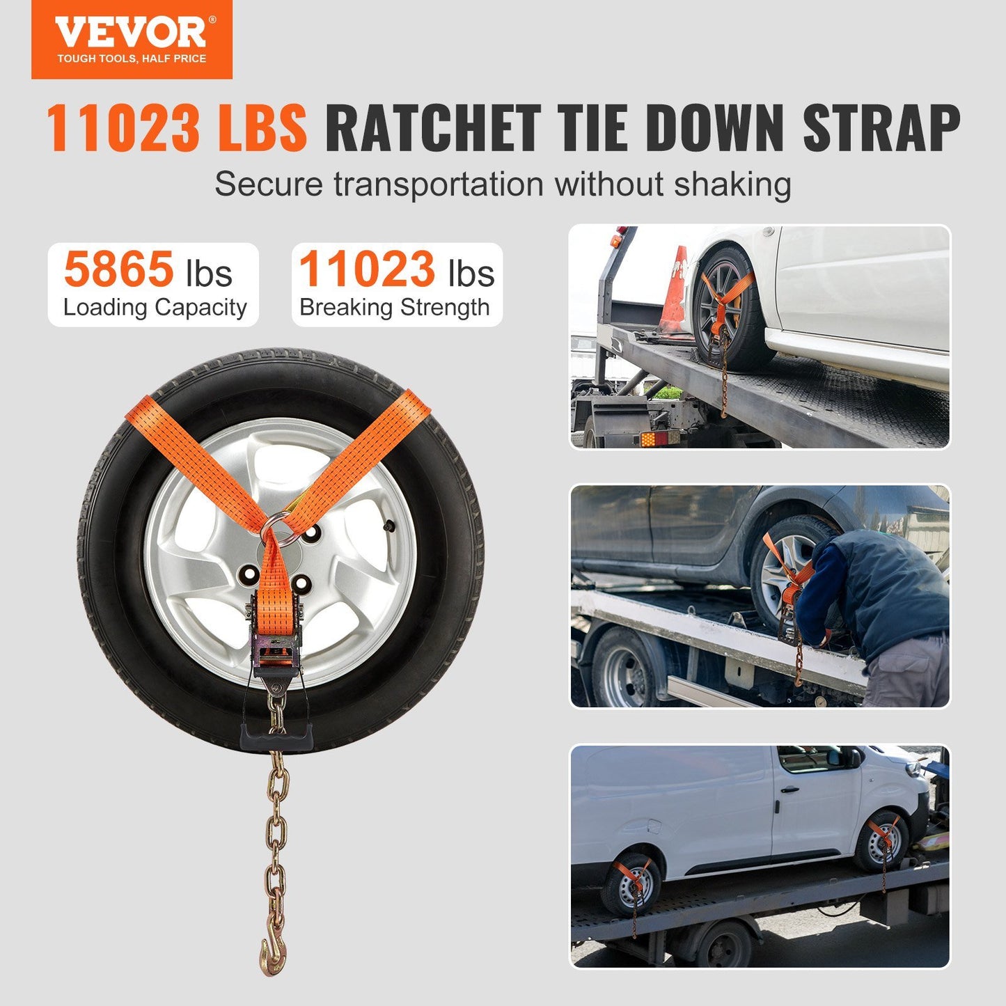 VEVOR Car Tie Down with Chain Anchors, Lasso Style 2"×120" Tire Straps, 5865 LBS Working Load, 11023 LBS Breaking Strength, with Heavy Duty Ratchets for Passenger Car, ATV, SUV, UTV, Truck, 4-Pack