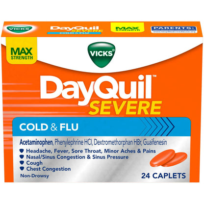 Vicks DayQuil Severe Vapocool Caplets for Cold, Flu + Congestion, over-the-counter Medicine, 24 Ct