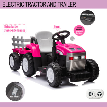 Pink, 12V7AH Battery-Powered Toy Tractor with Trailer, Remote Control, Kids' Electric Excavator Vehicles with 2x35W Dual Motor, Treaded Tires, LED Lights, USB, Music, Safety Belt - Gift Childrens DAY