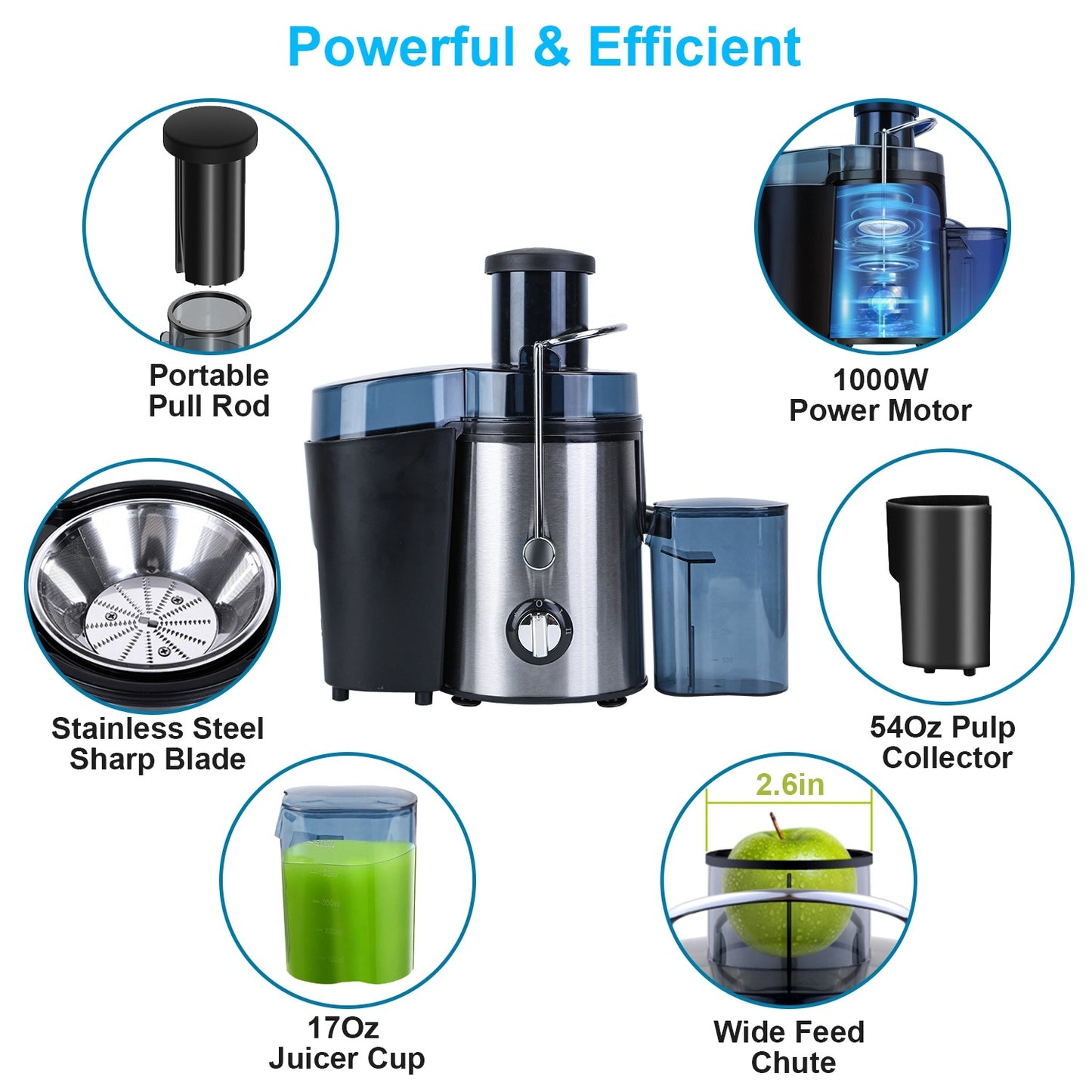 1000W Centrifugal Juicer Juice Extractor with 2 Speeds 3.6in Wide Feed Chute 17Oz Juicer Cup 54Oz Pulp Collector Electric Juicer for Fruits Vegetables