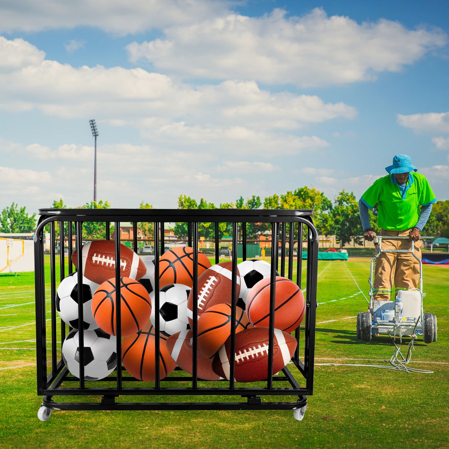 Foldable Mental Sports Ball Storage Cart Rolling Ball Cart with Lid and Wheels Large Capacity Basketballs Organizer for Gym, School, Club, Indoor and Outdoor Equipment Organization