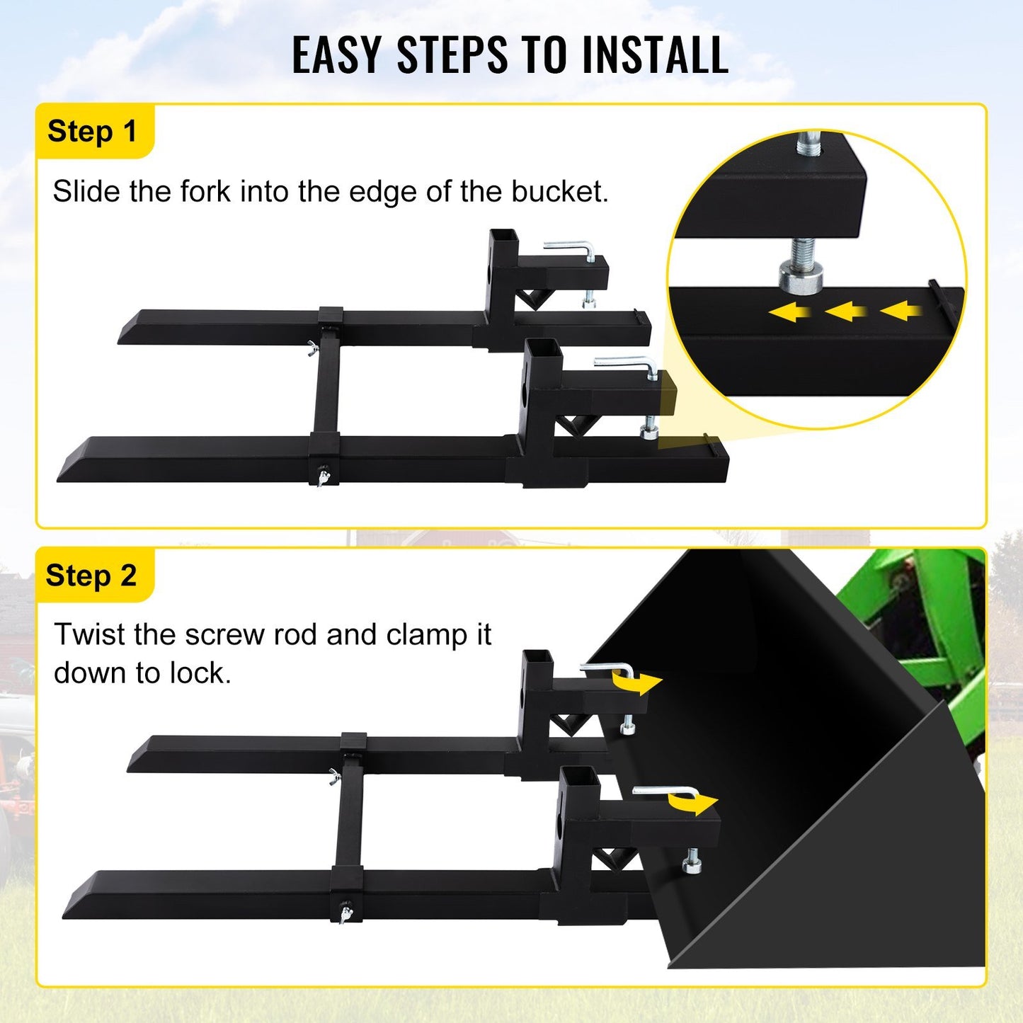 VEVOR Pallet Forks 43" 2000 Lbs Max, Clamp On Tractor Bucket Forks with Adjustable Stabilizer Bar, Heavy Duty Front Loader Forks 60" Total Length, Fork Attachment for Skid Steer,Loader Bucket