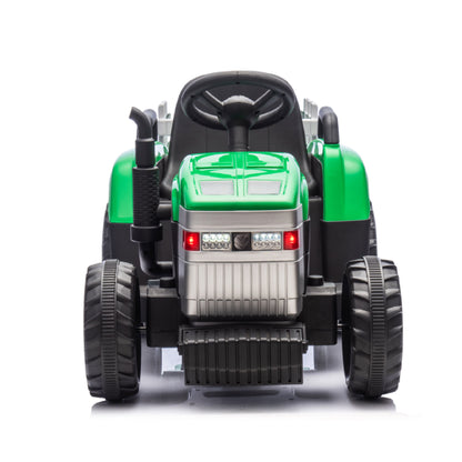 Green, 12V7AH Battery-Powered Toy Tractor with Trailer, Remote Control, Kids' Electric Excavator Vehicles with 2x35W Dual Motor, Treaded Tires, LED Lights, USB, Music, - Gift Childrens DAY