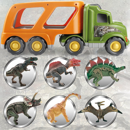 Toy Dinosaur for 2 3 4 Years Old Boys and Girls;  Car Transport Truck with Sound and Light;  6 Pack of 5'' Dinosaur Toys;  Educational Realistic Dinosaur Play Set