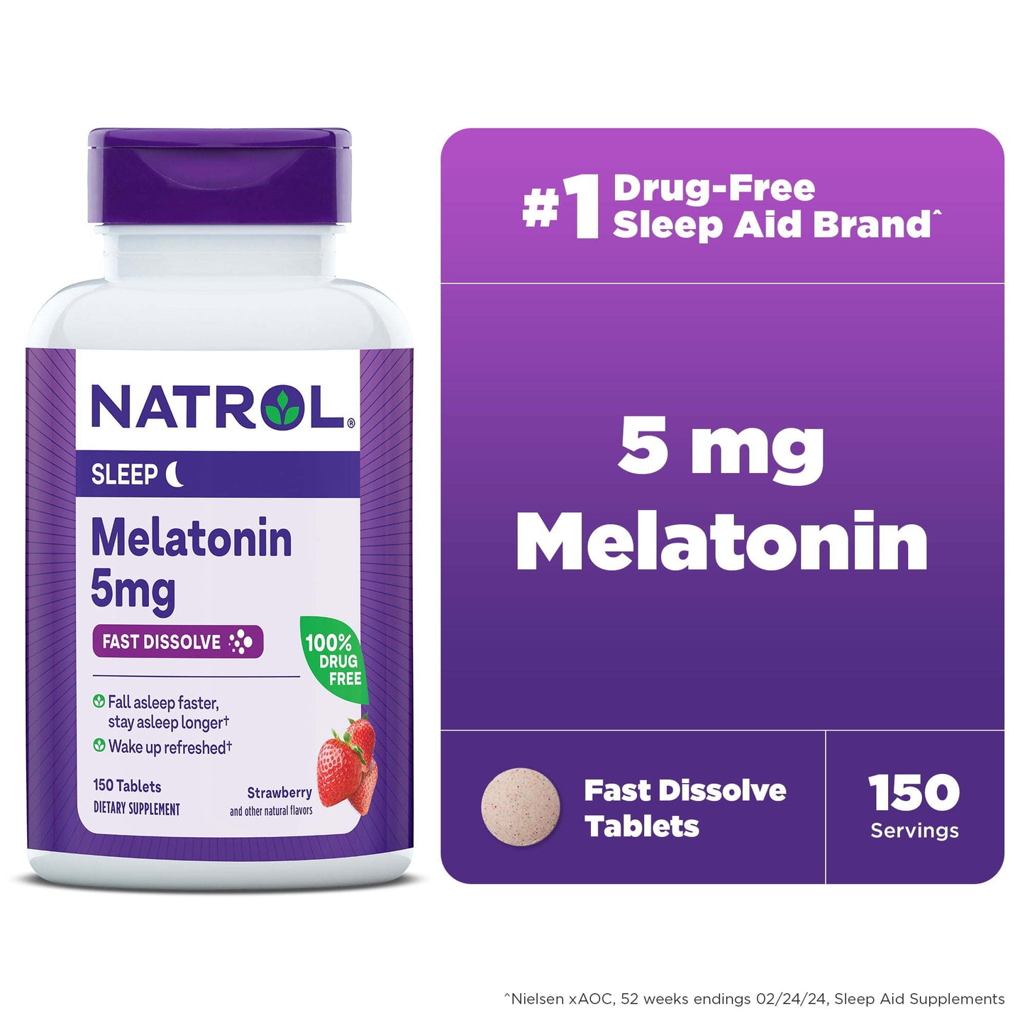 Natrol® Sleep Melatonin Fast Dissolve Tablets, Nighttime Sleep Aid, Strawberry Flavor, 5mg, 150 Count