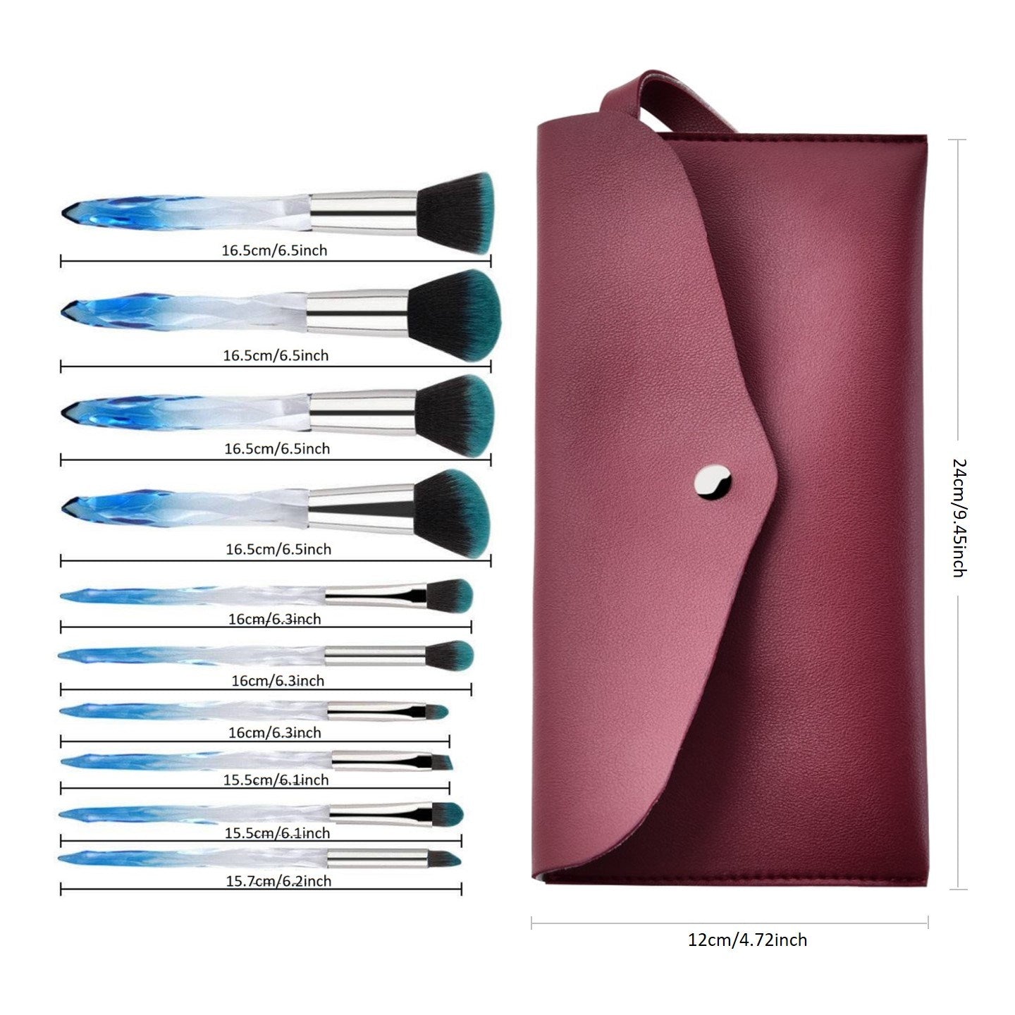 10pcs Professional Makeup Brush with Crystal Handle Foundation Brush (Crystal blue) with 1pcs Wine red Bag