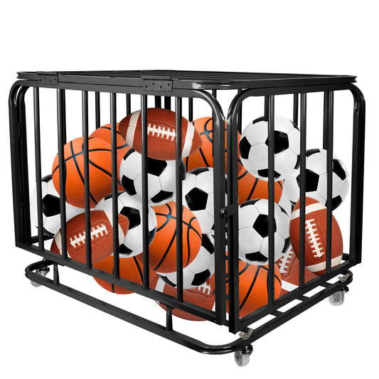 Foldable Mental Sports Ball Storage Cart Rolling Ball Cart with Lid and Wheels Large Capacity Basketballs Organizer for Gym, School, Club, Indoor and Outdoor Equipment Organization