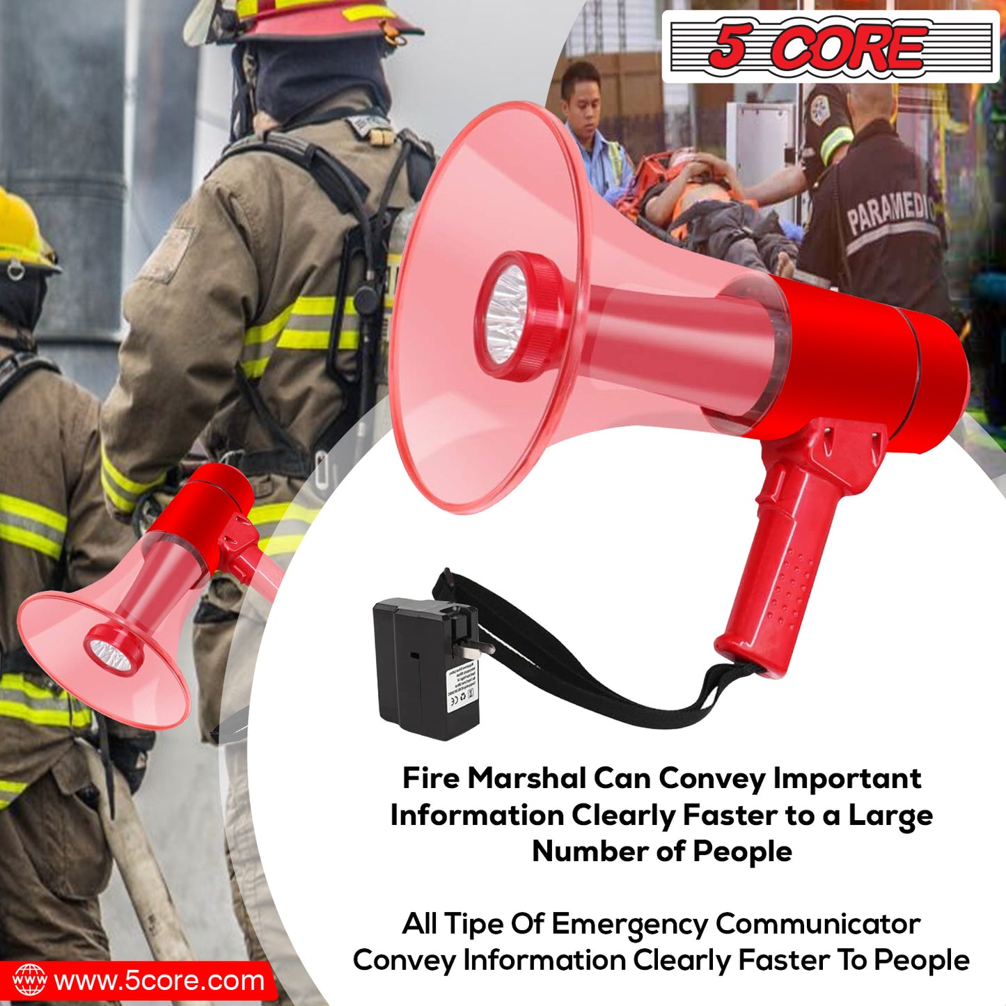 5 Core 40W Waterproof Megaphone Bullhorn Flashlight PRO Fire Army Grade - Battery + LED Light + Adj Volume + Siren Handheld Lightweight for Water Sports Boat Speaker- HW 18 WP RED