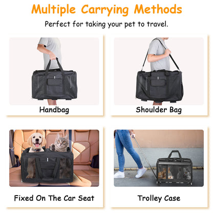 Double-Compartment Pet Rolling Carrier Cat Dog Rolling Carrier with Detachable Wheels Telescopic Handle Adjustable Shoulder Strap