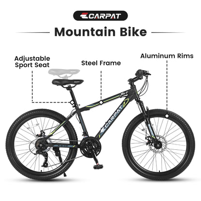 S24102 24 Inch Mountain Bike Boys Girls, Steel Frame, Shimano 21 Speed Mountain Bicycle with Daul Disc Brakes and Front Suspension MTB