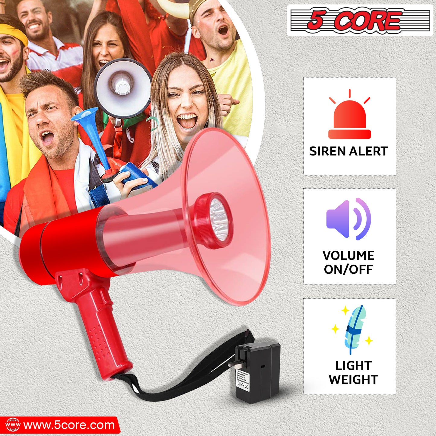 5 Core 40W Waterproof Megaphone Bullhorn Flashlight PRO Fire Army Grade - Battery + LED Light + Adj Volume + Siren Handheld Lightweight for Water Sports Boat Speaker- HW 18 WP RED