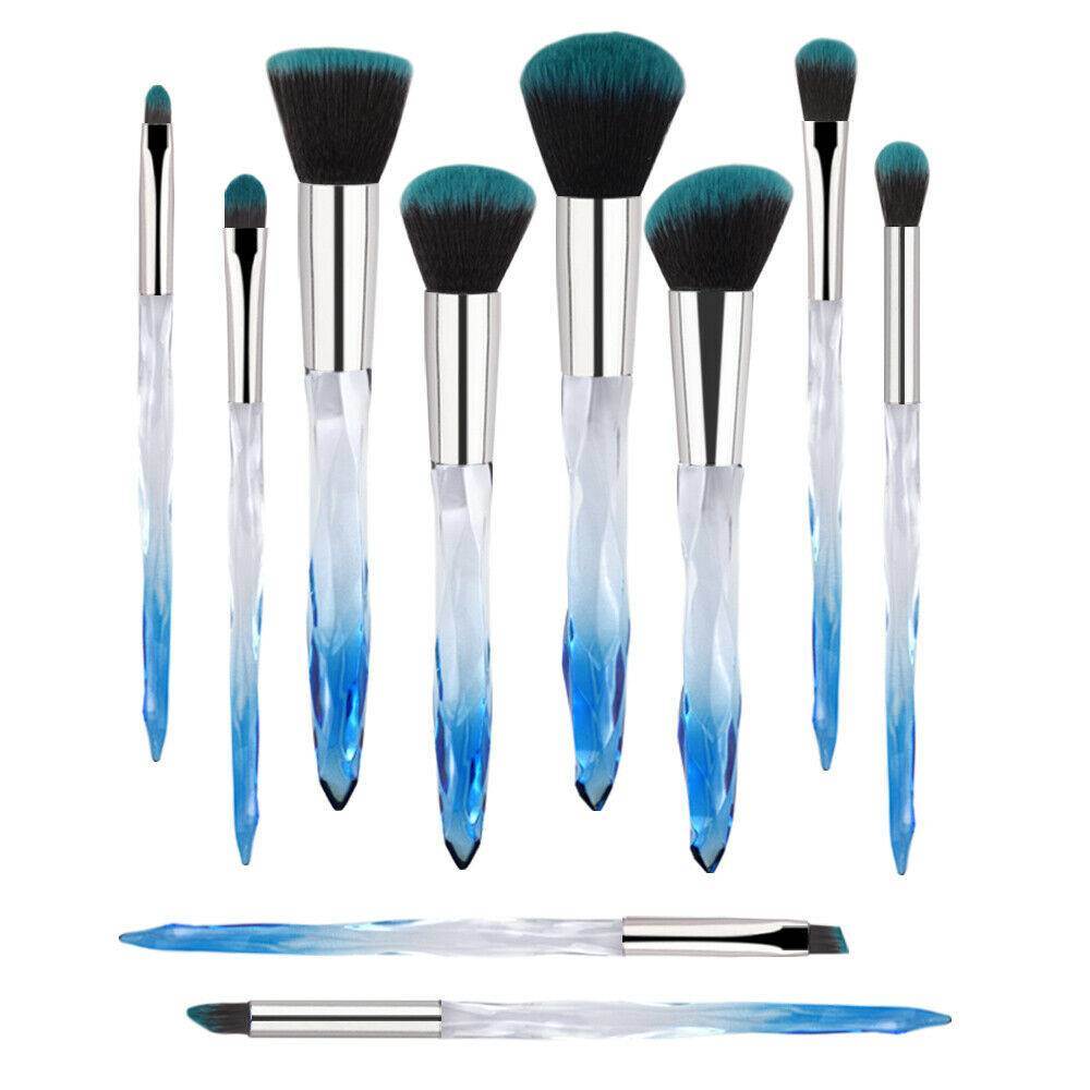 10pcs Professional Makeup Brush with Crystal Handle Foundation Brush (Crystal blue) with 1pcs Wine red Bag