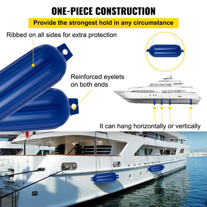 VEVOR Ribbed Twin Eyes Boat Fender Pack of 4 and Pump to Inflate (Blue,8.5 x 27 inches)