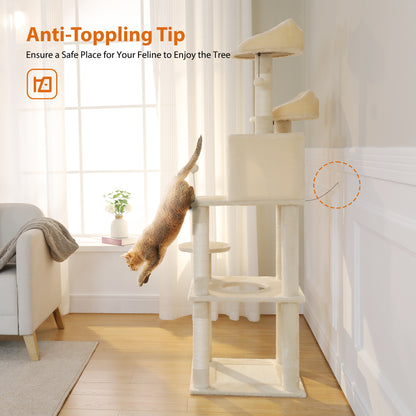 63'' Multi-Level Cat Tree Cat Tower for Indoor Cats with Sisal-Covered Scratching Post, Cozy Cat Condo, Cat Hammock and Wide Top Perch, Beige(Unable to ship on weekends, please be careful when placing