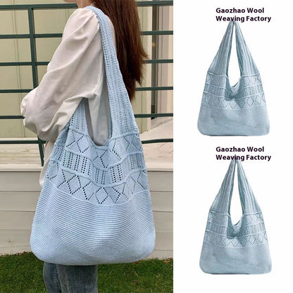 Women's fashionable retro bag, holiday gift, hollowed out knit design, large capacity daily shoulder bag, suitable for college students, white-collar workers, daily school, work, commuting