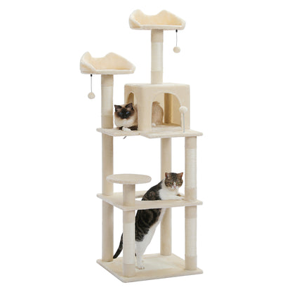 63'' Multi-Level Cat Tree Cat Tower for Indoor Cats with Sisal-Covered Scratching Post, Cozy Cat Condo, Cat Hammock and Wide Top Perch, Beige(Unable to ship on weekends, please be careful when placing