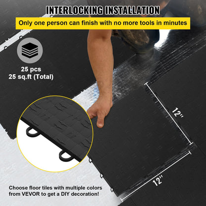 VEVOR Garage Tiles Interlocking, 12'' x 12'', 25 pcs, Black Garage Floor Covering Tiles, Non-Slip Diamond Plate Garage Flooring Tiles, Support up to 55,000 lbs for Basements, Gyms, Repair Shops