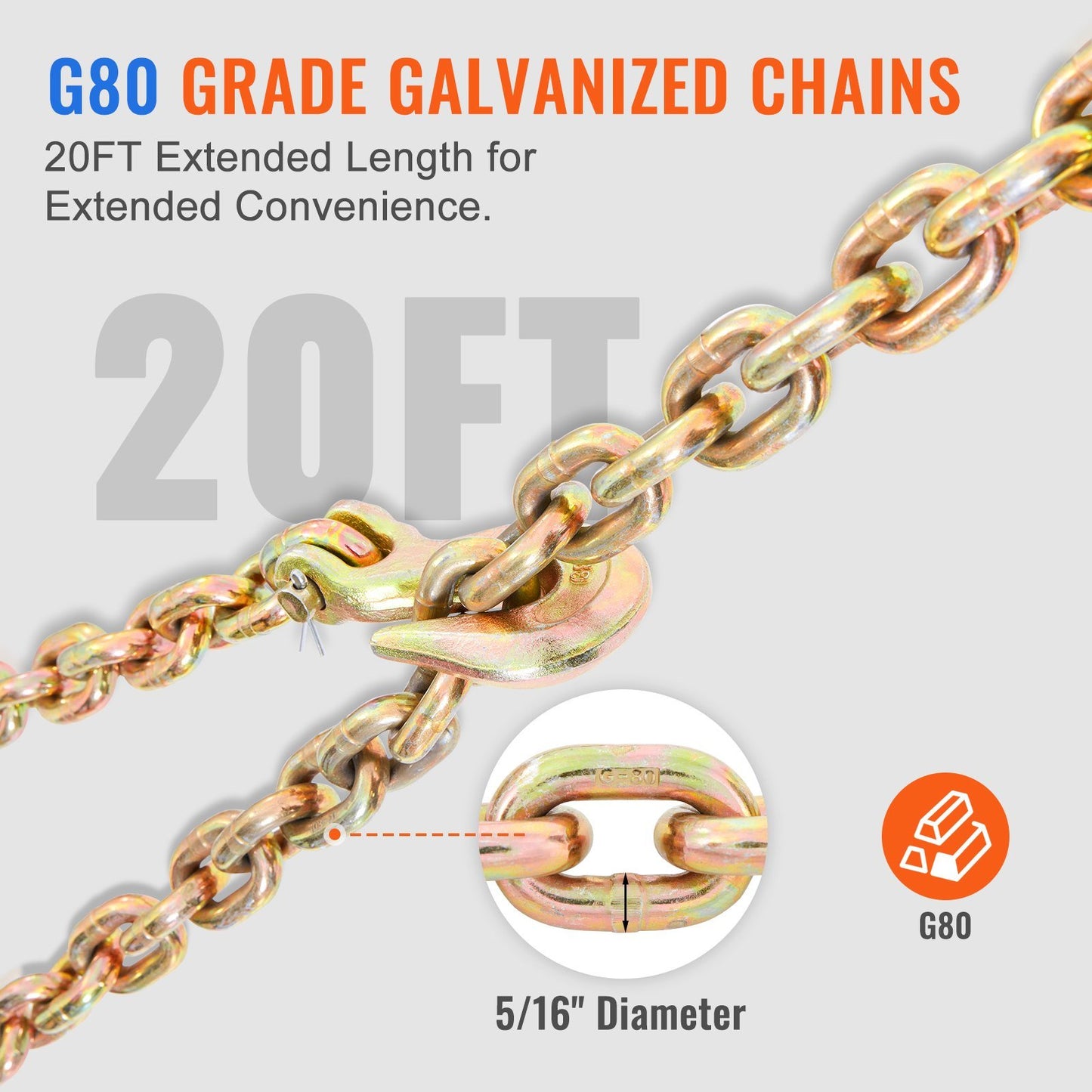 VEVOR Ratchet Chain Binder, 5/16"-3/8" Heavy Duty Load Binders, with G80 Chains 7100 lbs Secure Load Limit, Labor-saving Anti-skid Handle, Tie Down Hauling Chain Binders for Flatbed Truck Trailer, 2 P