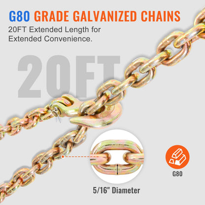 VEVOR Ratchet Chain Binder, 5/16"-3/8" Heavy Duty Load Binders, with G80 Chains 7100 lbs Secure Load Limit, Labor-saving Anti-skid Handle, Tie Down Hauling Chain Binders for Flatbed Truck Trailer, 2 P