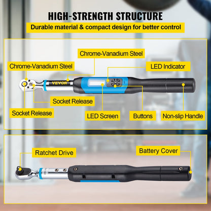 VEVOR Digital Torque Wrench, 3/8" Drive Electronic Torque Wrench, Torque Wrench Kit 1.1-22.12 ft-lbs Torque Range Accurate to ±2%, Adjustable Torque Wrench w/ LED Display and Buzzer, Socket Set & Case