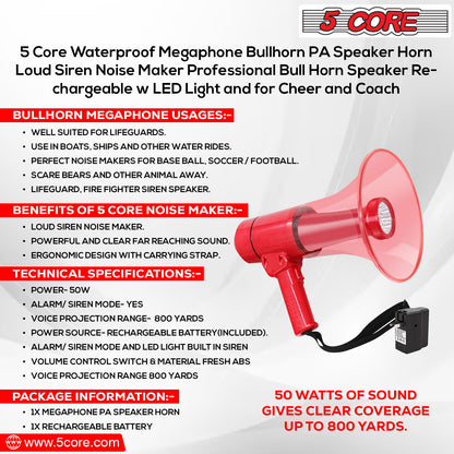 5 Core 40W Waterproof Megaphone Bullhorn Flashlight PRO Fire Army Grade - Battery + LED Light + Adj Volume + Siren Handheld Lightweight for Water Sports Boat Speaker- HW 18 WP RED