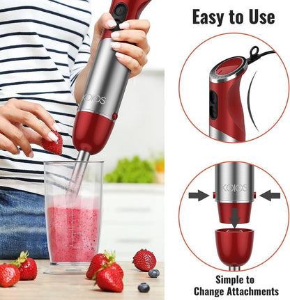 KOIOS 5-in-1 Hand Immersion Blender, 1000W 12 Speed Handheld Blender, Copper Motor Stainless Steel Blade Stick Blender,600ml Mixing Beaker,500ml Food Processor, Whisk, Milk Frother, BPA-Free, Red