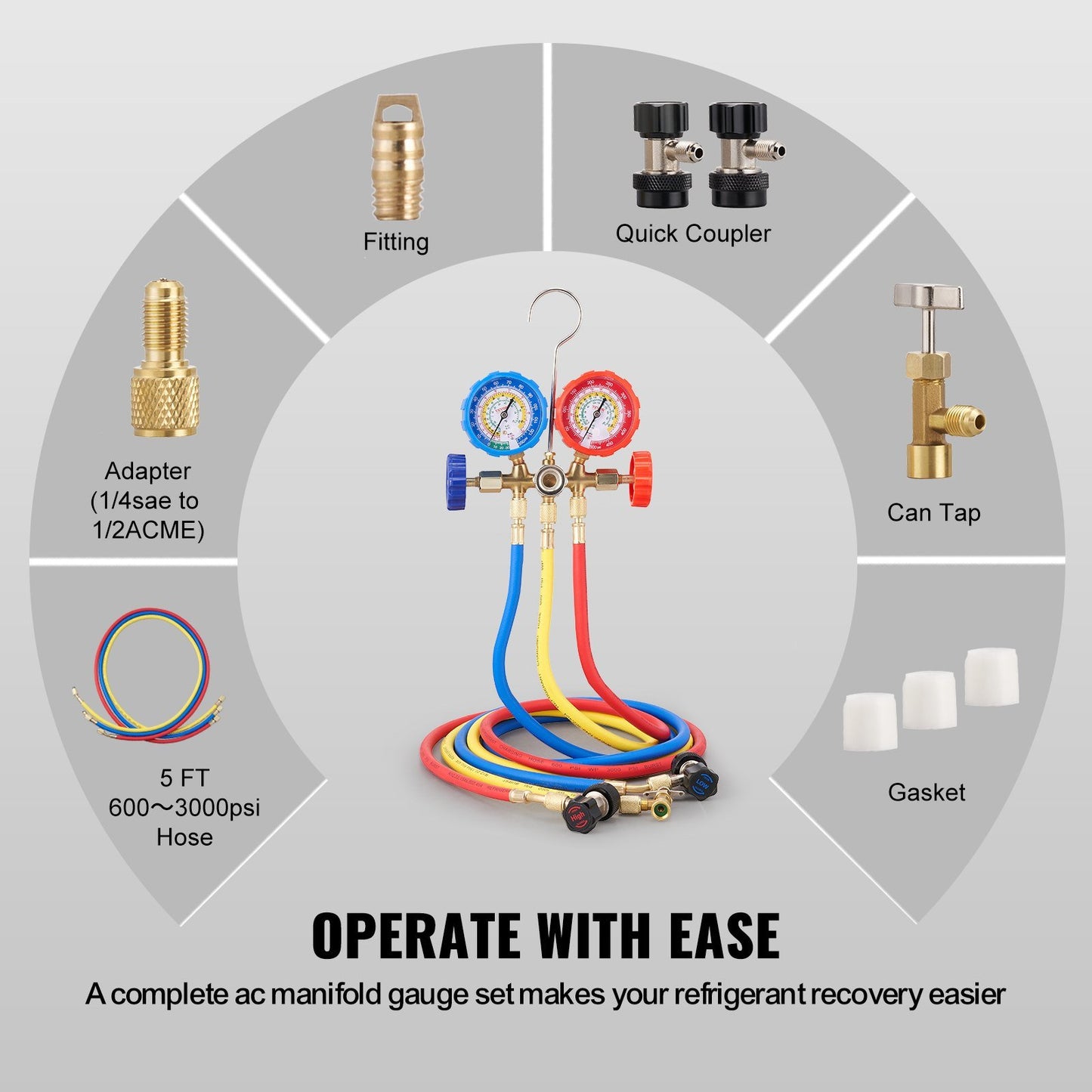 VEVOR AC Gauge Set - 3 Way AC Manifold Gauge Set for R134A R22 R12 R502 Refrigerant, Freon Gauges with 5ft Hoses, Couplers, Can Tap Works on Car Auto Freon Charging and Evacuation