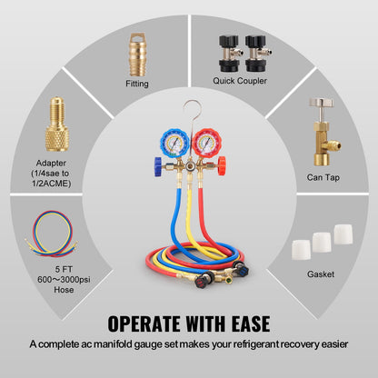 VEVOR AC Gauge Set - 3 Way AC Manifold Gauge Set for R134A R22 R12 R502 Refrigerant, Freon Gauges with 5ft Hoses, Couplers, Can Tap Works on Car Auto Freon Charging and Evacuation