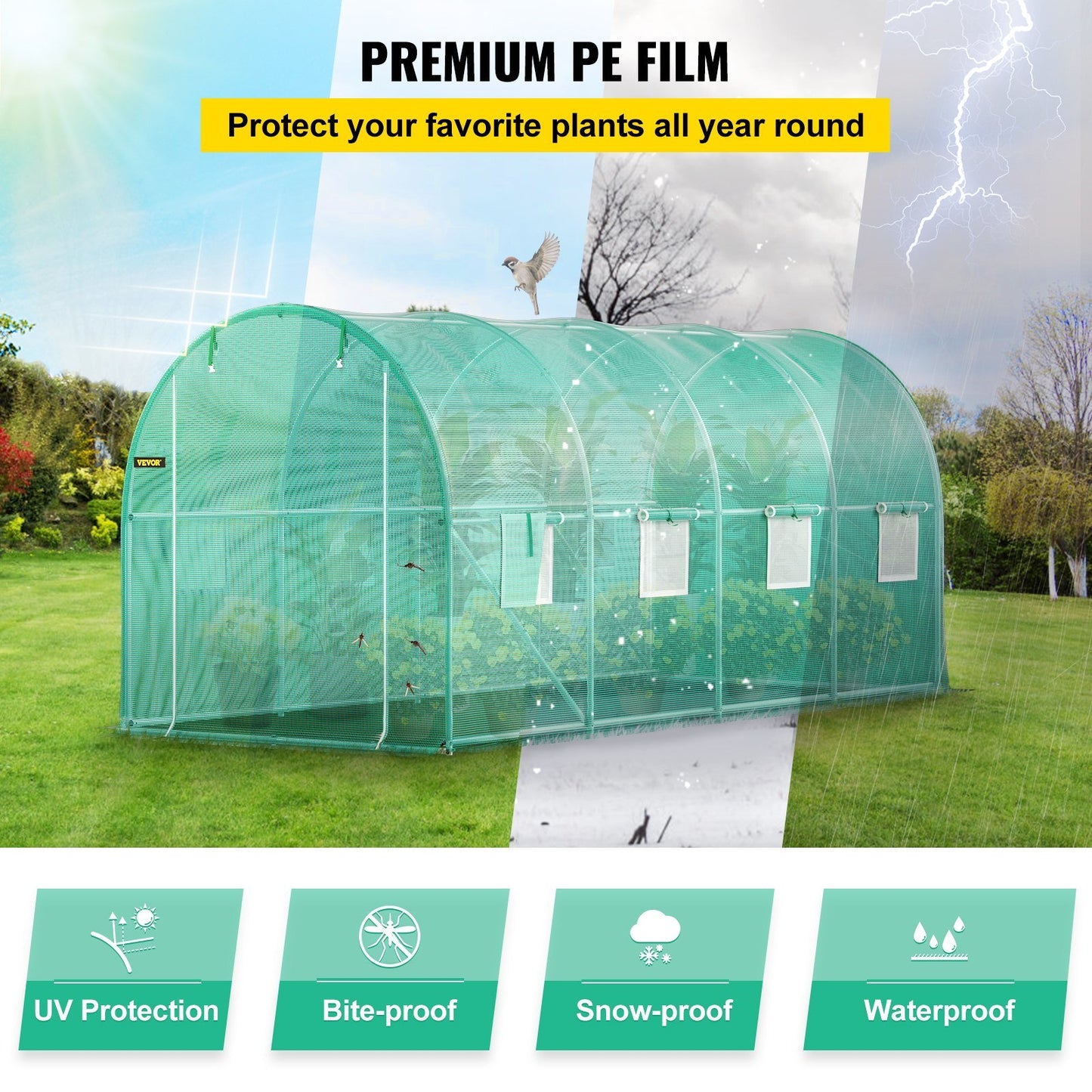 VEVOR Walk-in Tunnel Greenhouse, 14.8x6.6x6.6 ft Portable Plant Hot House w/ Galvanized Steel Hoops, 1 Top Beam, Diagonal Poles, Zippered Door & 8 Roll-up Windows, Green