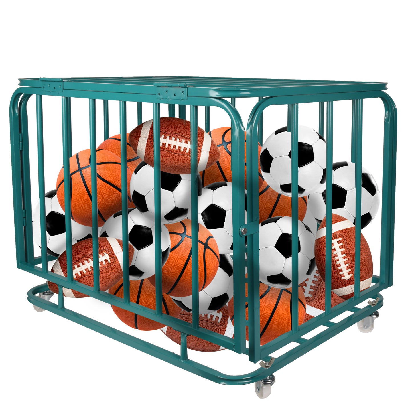 Foldable Mental Sports Ball Storage Cart Rolling Ball Cart with Lid and Wheels Large Capacity Basketballs Organizer for Gym, School, Club, Indoor and Outdoor Equipment Organization