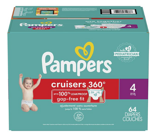 Pampers Diapers Pull On Cruisers 360° Fit Disposable Baby Diapers with Stretchy Waistband Super Pack, Size 4 - 64 Diapers, Packaging & Prints May Vary