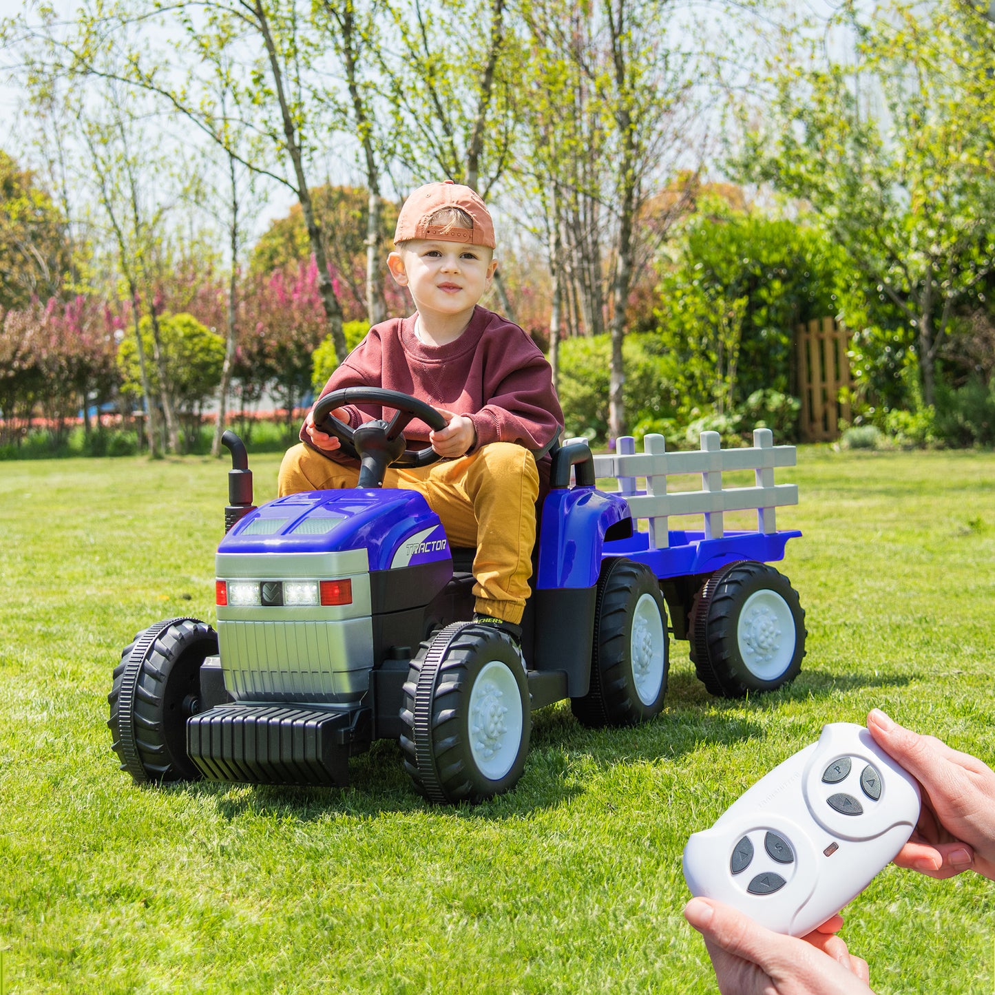 Blue, 12V7AH Battery-Powered Toy Tractor with Trailer, Remote Control, Kids' Electric Excavator Vehicles with 2x35W Dual Motor, Treaded Tires, LED Lights, USB, Music, - Gifts for Boy, Girl