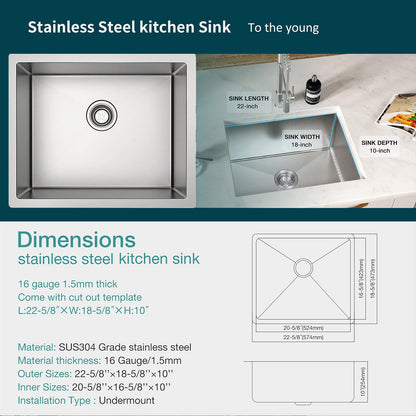 22.5 inch Undermount 16 Gauge Single Bowl Stainless Steel Kitchen Sink, Bar Sink