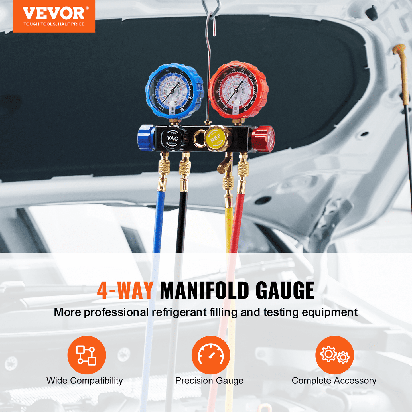 VEVOR 4 Way AC Gauge - AC Manifold Gauge Set for R134A R22 R12 R410A Refrigerant, Freon Gauges with 5ft Hoses, Couplers, Can Tap Works on Car Auto Freon Charging and Evacuation