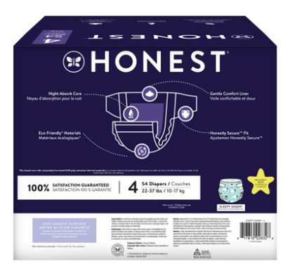 The Honest Company Overnight Baby Diapers, Sleepy Sheep, Size 4, 54 ct