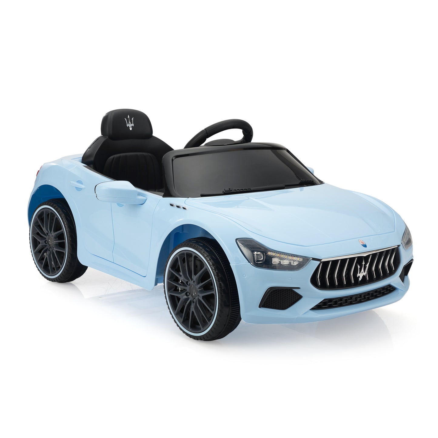 Maserati Ghibli Licensed 12V Kids Ride On Car, Battery Powered Electric Vehicle w/ 2.4G Remote Control, LED Lights, MP3 Music, USB, Horn, Children Age 3-6, Small, Light Blue and Black