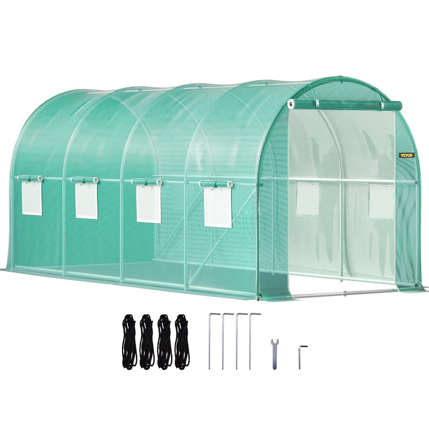 VEVOR Walk-in Tunnel Greenhouse, 14.8x6.6x6.6 ft Portable Plant Hot House w/ Galvanized Steel Hoops, 1 Top Beam, Diagonal Poles, Zippered Door & 8 Roll-up Windows, Green