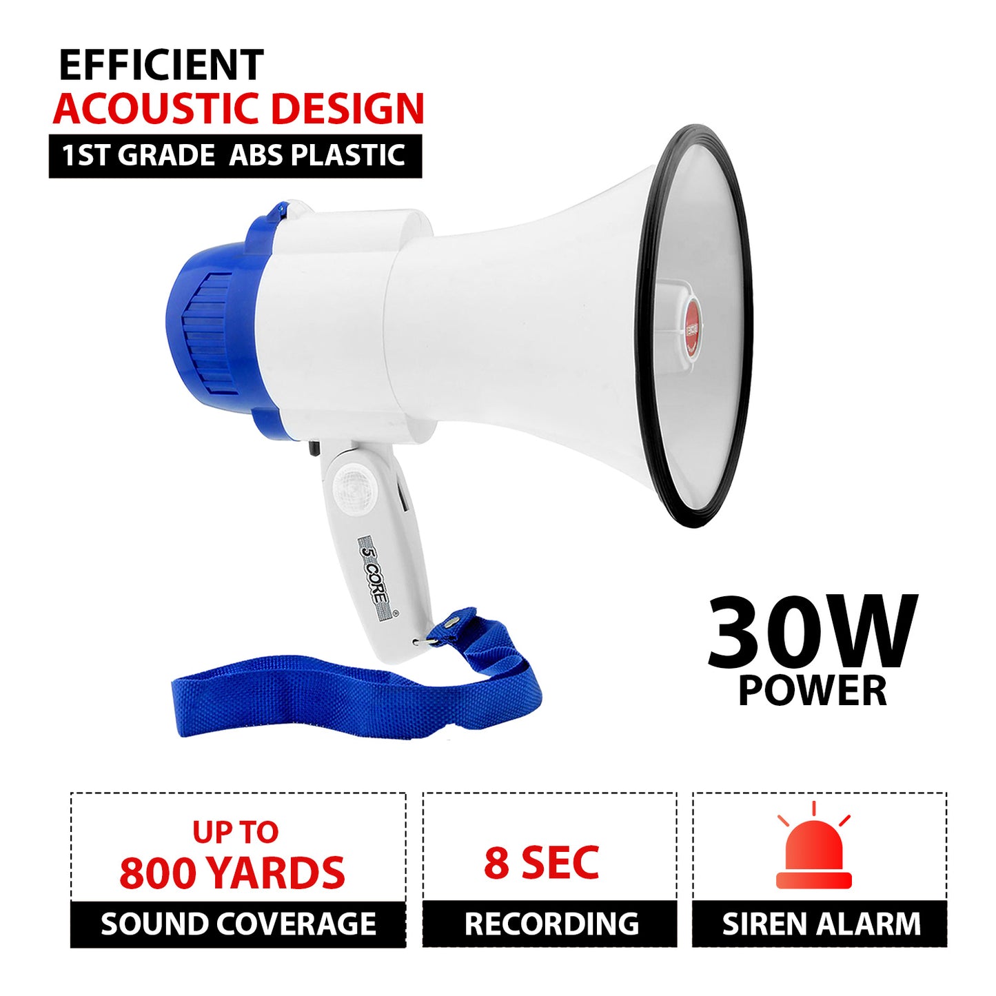 5Core Megaphone Bullhorn Speaker 30W Bull Horn Battery Power Mini Cheer Megafono 800 Feet Range Loudspeaker W Siren Recording Ergonomic Handle for Coaches Football Baseball Cheerleading - 8R