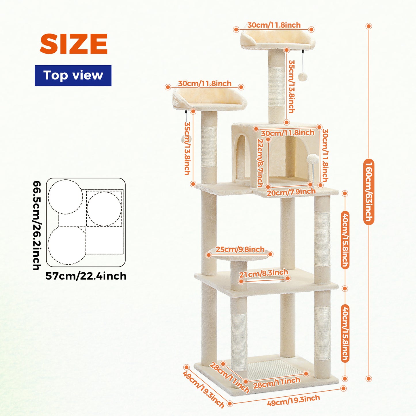 63'' Multi-Level Cat Tree Cat Tower for Indoor Cats with Sisal-Covered Scratching Post, Cozy Cat Condo, Cat Hammock and Wide Top Perch, Beige(Unable to ship on weekends, please be careful when placing