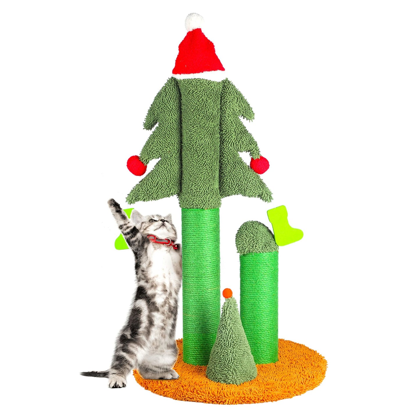 32'' Cat Scratching Post, Tall Christmas Tree Cat Scratcher with 3 Posts and Cute Dangling Teaser Balls, Natural Sisal Rope Cat Toys for Kitty and Adult Cats