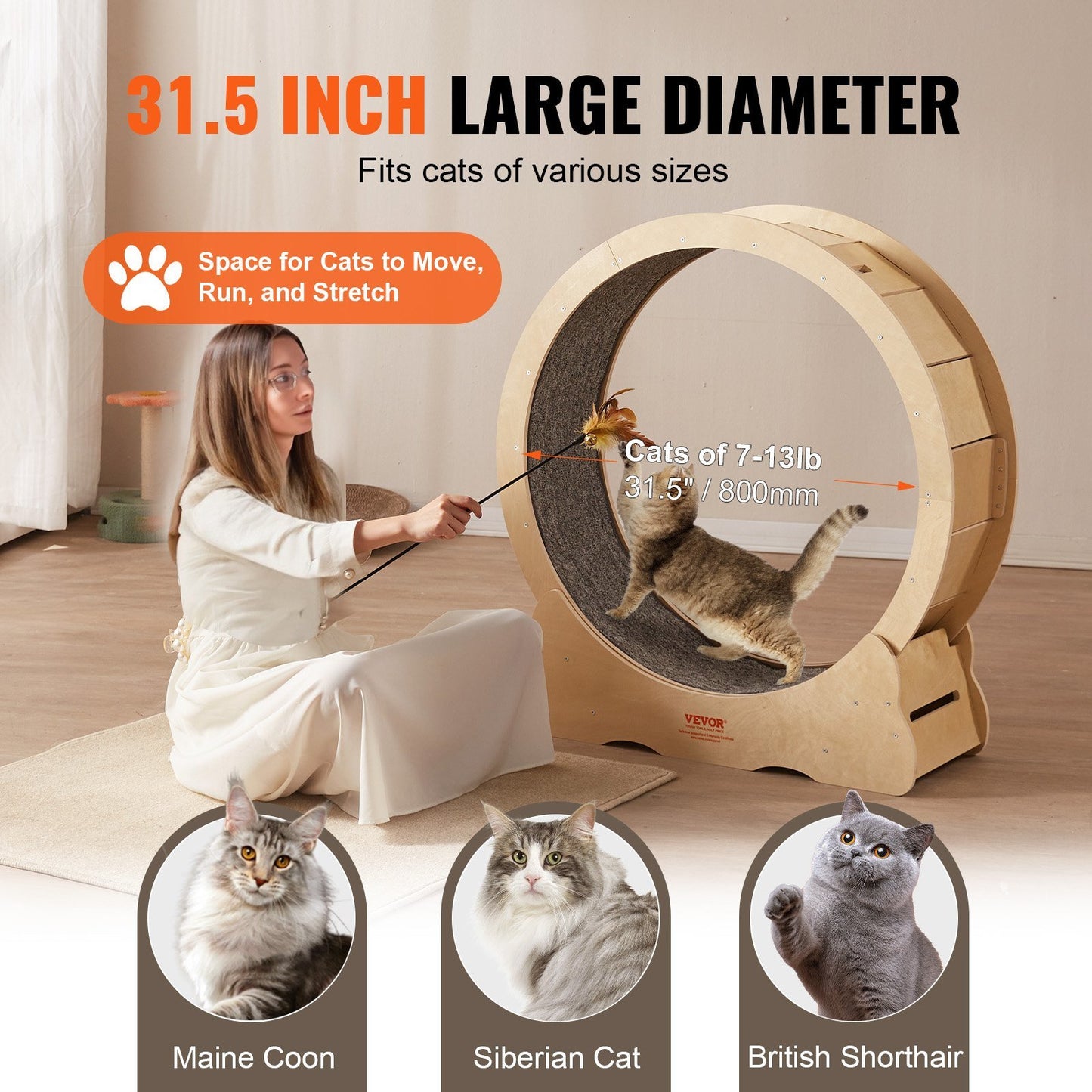 VEVOR Cat Exercise Wheel, Large Cat Treadmill Wheel for Indoor Cats, 35.8 inch Cat Running Wheel with Detachable Carpet and Cat Teaser for Running/Walking/Training, Suitable for Most Cats