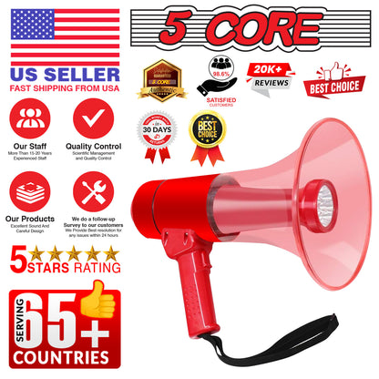 5 Core 40W Waterproof Megaphone Bullhorn Flashlight PRO Fire Army Grade - Battery + LED Light + Adj Volume + Siren Handheld Lightweight for Water Sports Boat Speaker- HW 18 WP RED