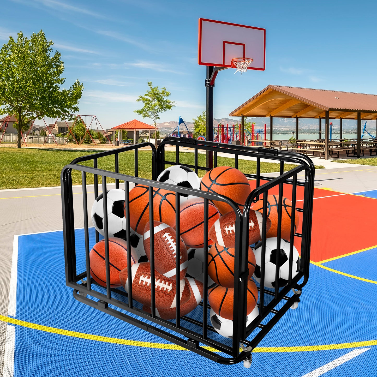 Foldable Mental Sports Ball Storage Cart Rolling Ball Cart with Lid and Wheels Large Capacity Basketballs Organizer for Gym, School, Club, Indoor and Outdoor Equipment Organization