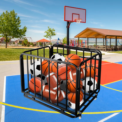 Foldable Mental Sports Ball Storage Cart Rolling Ball Cart with Lid and Wheels Large Capacity Basketballs Organizer for Gym, School, Club, Indoor and Outdoor Equipment Organization