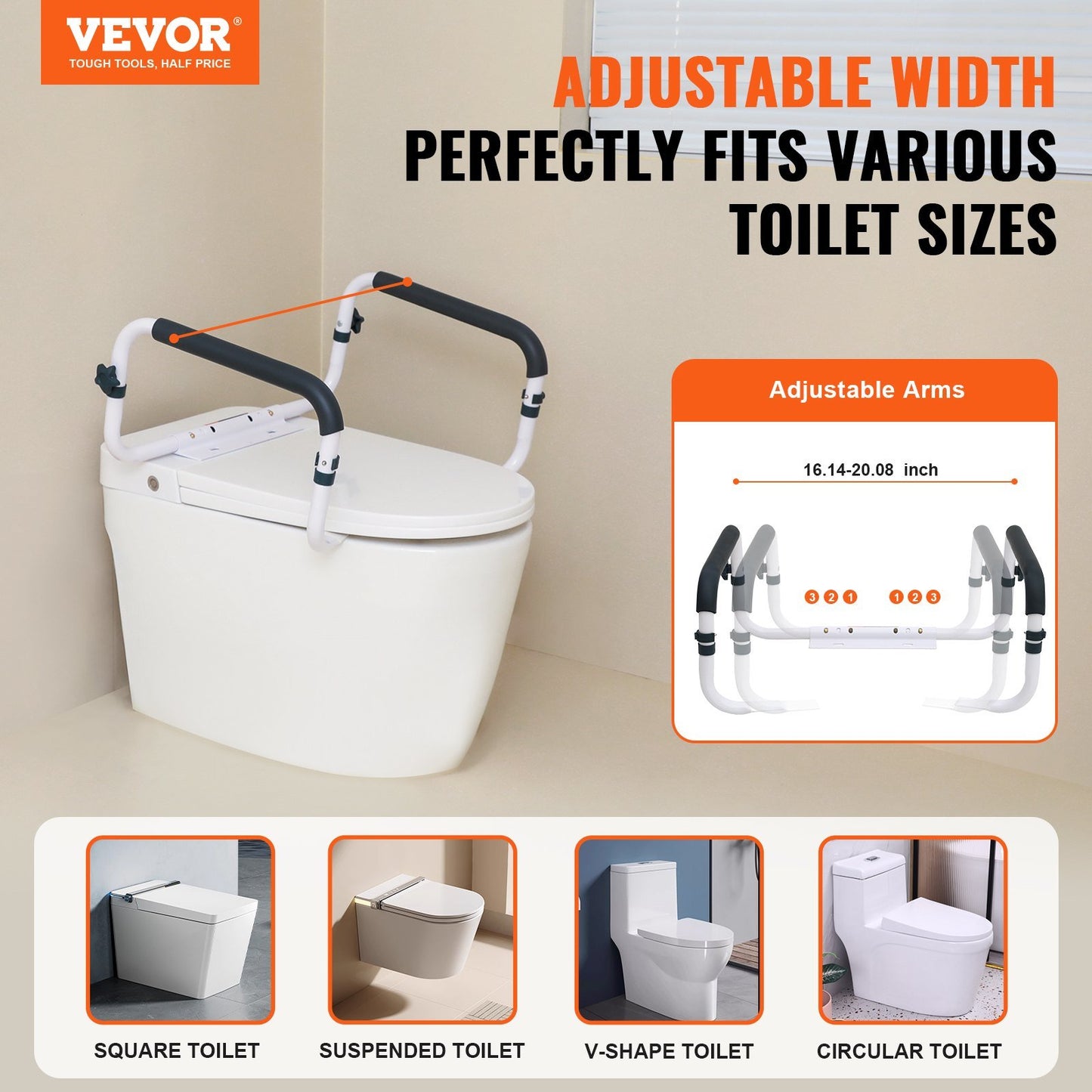 VEVOR Toilet Safety Rail, 300LBS Capacity Toilet Seat Frame, Adjustable Width Fit Most Toilets, Easy Installation, Toilet Handles Grab Bars with Padded Armrests for Handicap, Disabled, Seniors