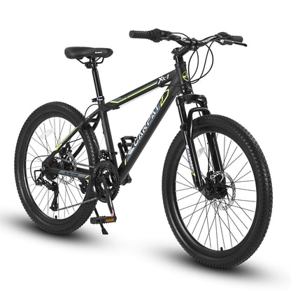 S24102 24 Inch Mountain Bike Boys Girls, Steel Frame, Shimano 21 Speed Mountain Bicycle with Daul Disc Brakes and Front Suspension MTB