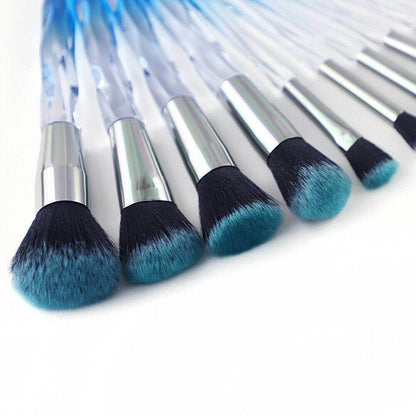 10pcs Professional Makeup Brush with Crystal Handle Foundation Brush (Crystal blue) with 1pcs Wine red Bag