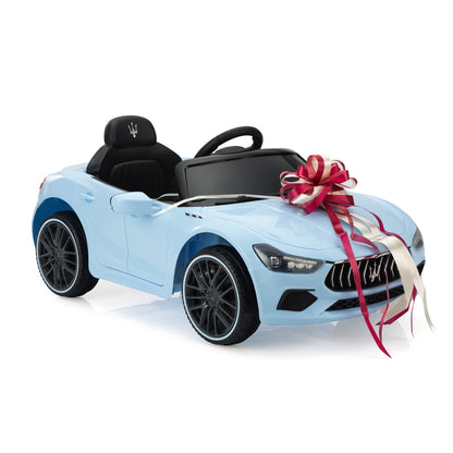 Maserati Ghibli Licensed 12V Kids Ride On Car, Battery Powered Electric Vehicle w/ 2.4G Remote Control, LED Lights, MP3 Music, USB, Horn, Children Age 3-6, Small, Light Blue and Black